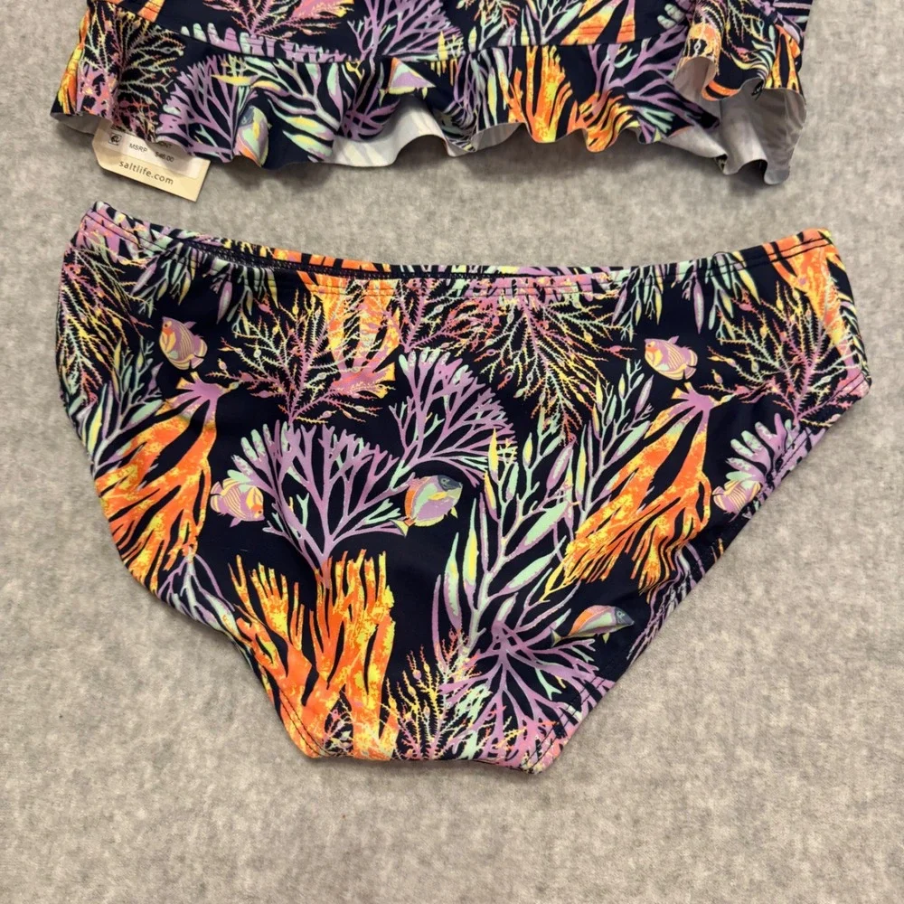 Salt‎ Life Girls Youth 16 Midnight Coral Reef Ruffle Two Piece Swimsuit NWT